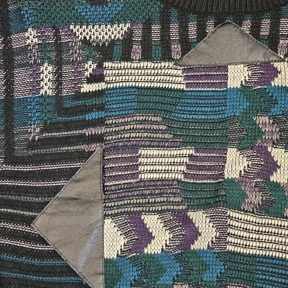 Vintage 80s 90s Mens Large Dad Sweater Faux‎ Leather Patches Geometric Retro